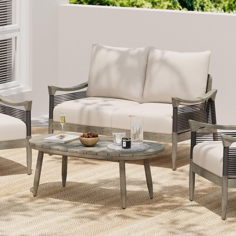 Poppy 2-Piece Outdoor Patio Cushioned Loveseat and Coffee Table Set with Rope Weave, Acacia Wood, Beige Plus Grey price history on PriceWatchPro