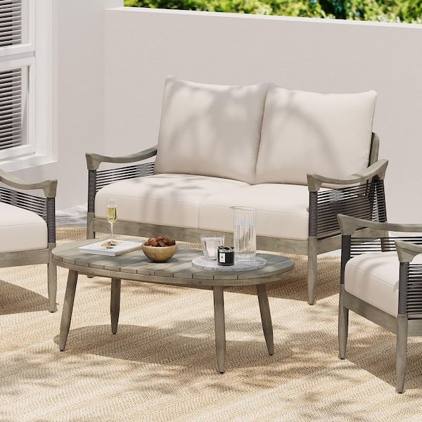 CHRISTOPHER KNIGHT HOME Poppy 2-Piece Outdoor Patio Cushioned Loveseat and Coffee Table Set with Rope Weave, Acacia Wood, Beige Plus Grey