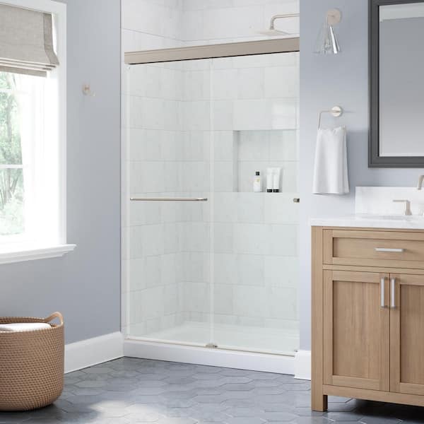 Portwood 44 to 48 in. W x 70-1/4 in. H Semi-Frameless Sliding Shower Door in Nickel with 1/4 in. Clear Glass