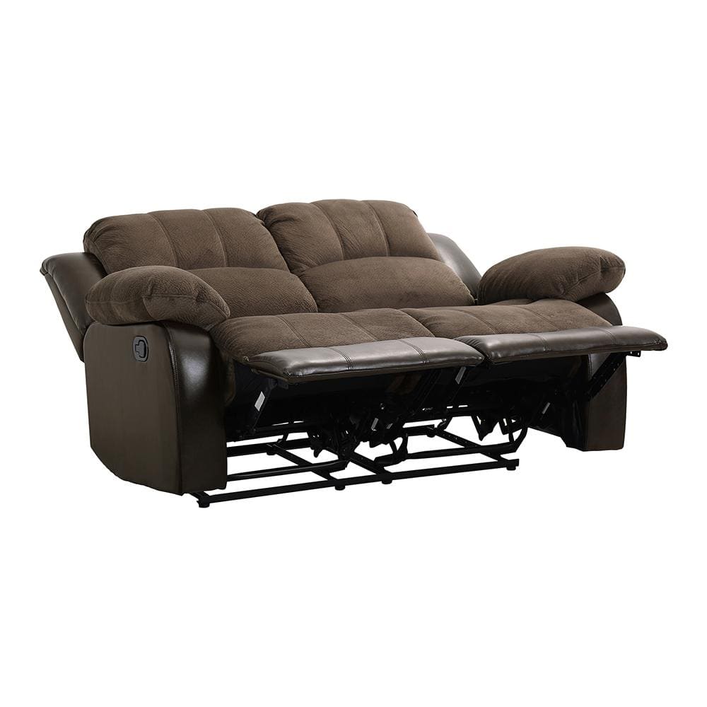 Brown Tufted Faux Leather Reclining Loveseat with Wood Frame