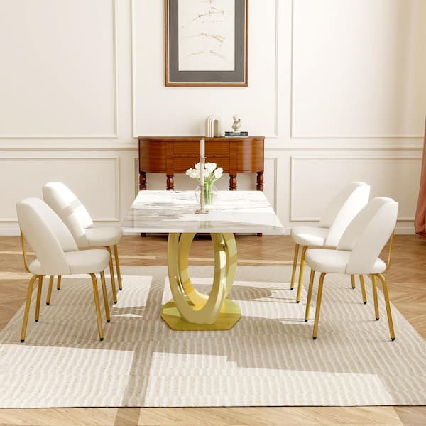 White PU Leather Dining Chairs with Gold Stainless Steel Legs (Set of 4)