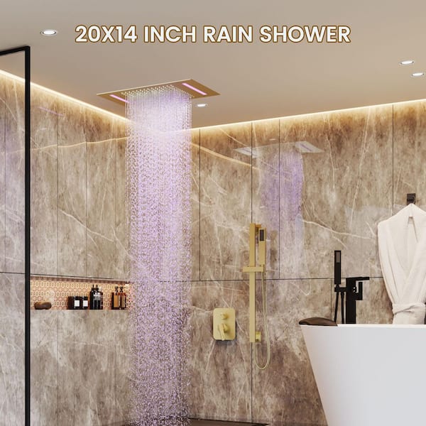 LED Rain Shower System, 2-Handle 2-Spray Shower Faucet and Handheld Shower 2.5 GPM with Pressure Balance in Brushed Gold