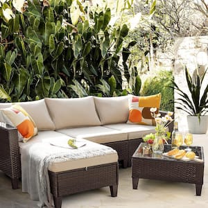 Leisureist 5-Piece Wicker Patio Conversation Set Outdoor Sectional Sofa with Beige Cushions and Ottoman