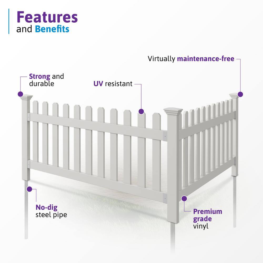 3ft H x 6ft W White Vinyl No Dig Picket Fence Panel