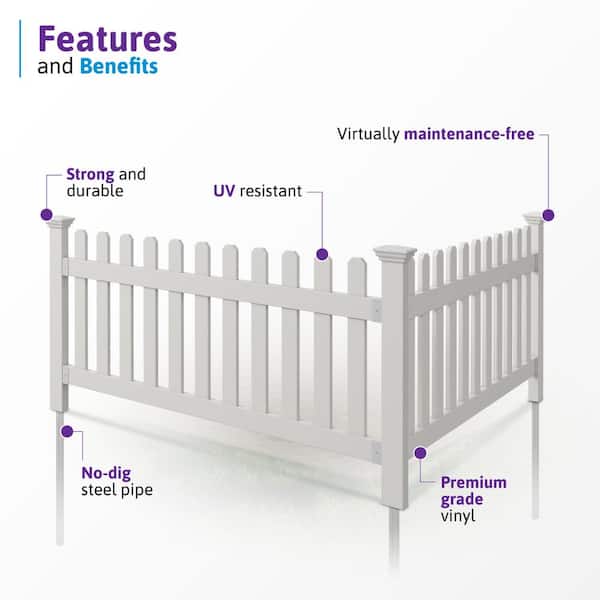 WamBam Fence 3 ft. x 6 ft. Newport Picket Vinyl Fence with No-Dig Steel Pipe Anchor Kit