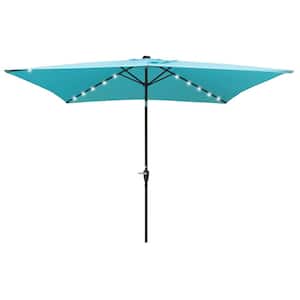 10 x 6.5 ft Steel Market Umbrella, Patio Umbrella in Turquoise, Solar LED Light, Crank, Push Button Tilt, Garden Pool