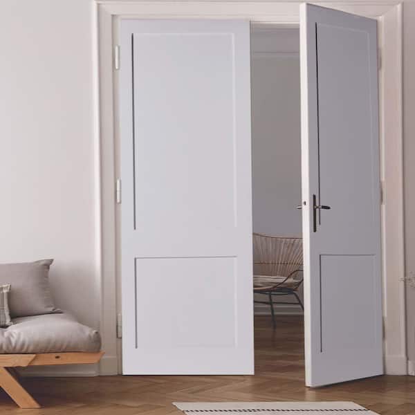 48 in. x 96 in. Craftsman Shaker 2-Panel Right Handed MDF Solid Core Primed Wood Double Prehung Interior French Door