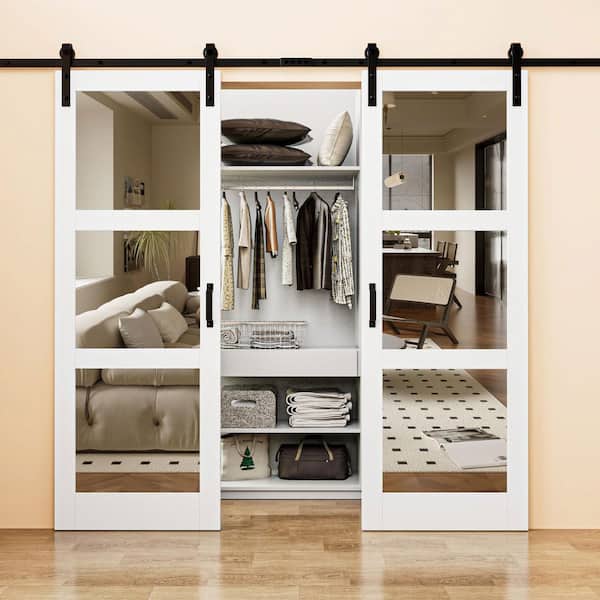 EH PUERTA 60 in. x 84 in. 3-Lite Mirrored Glass White Finished Solid Core MDF Barn Door Slab with Barn Door Hardware Kit