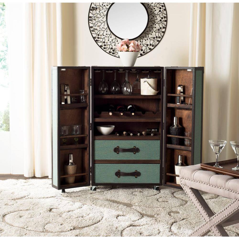 Sage Linen and Vegan Leather Industrial Beverage Cabinet