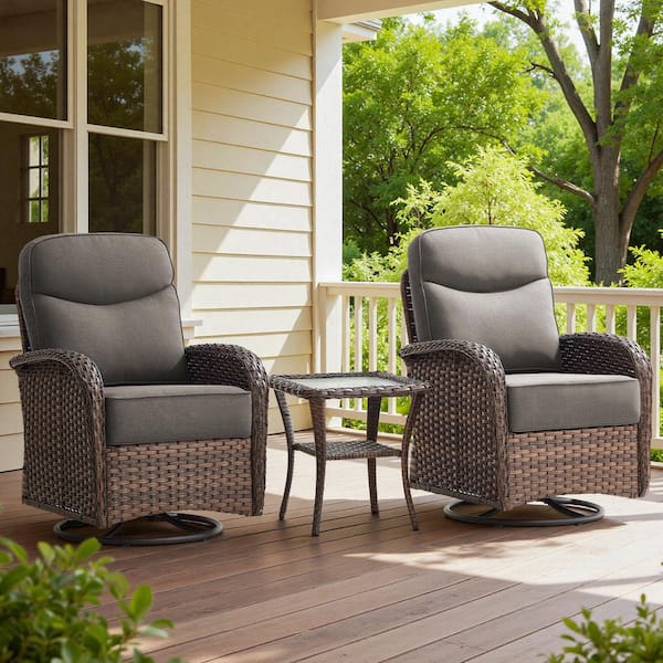 Luna Brown 3-Piece Wicker Swivel Glider Patio Conversation Set with 6 in. Thick Gray Cushions and Side Table