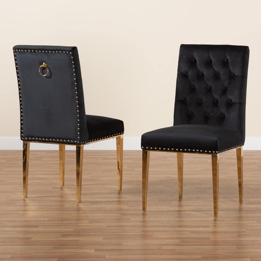 Black Velvet and Gold Upholstered Dining Side Chair Set