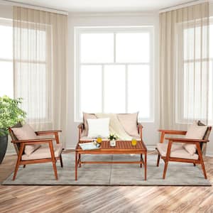 4-Piece Acacia Wood Patio Conversation Set with Zippered Brown Cushions and Rattan Seat Back