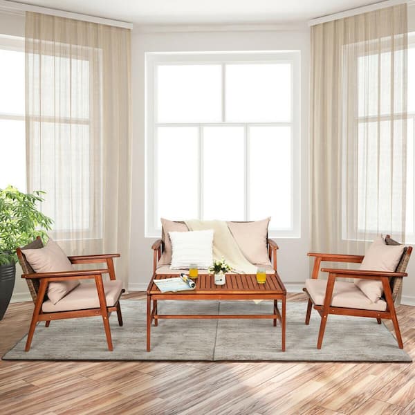 ANGELES HOME 4-Piece Acacia Wood Patio Conversation Set with Zippered Brown Cushions and Rattan Seat Back