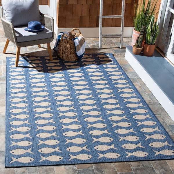 Courtyard Blue/Beige 2 ft. x 4 ft. Geometric Fish Indoor/Outdoor Area Rug
