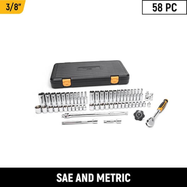 3/8 in. Drive 90-Tooth 6-Point Standard and Deep SAE/Metric Mechanics Tool Set (58-Piece)