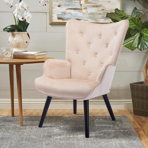 ANBAZAR Beige Velvet Fabric Upholstery Arm Chair ( Set of 1), Accent Leisure Arm Chair with Wood Feet, Upholstered Arm Chair