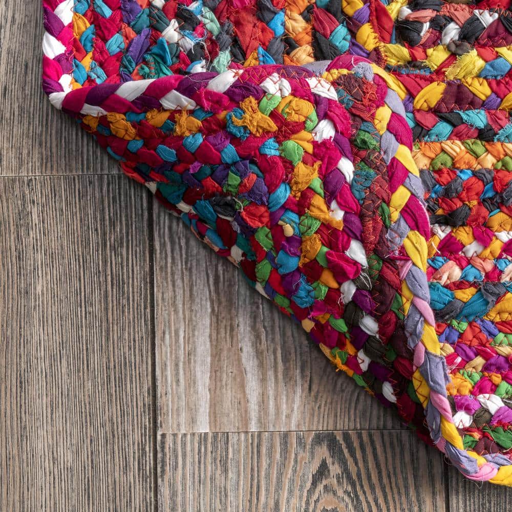 Handmade Rainbow Stripe Braided 6' Cotton Round Area Rug