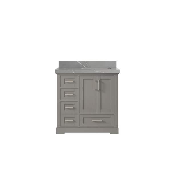 Willow Collections Boston 36 in. W x 22 in. D x 36 in. H Right Offset Sink Bath Vanity in Elephant Gray with 2 in. Piatra Quartz Top