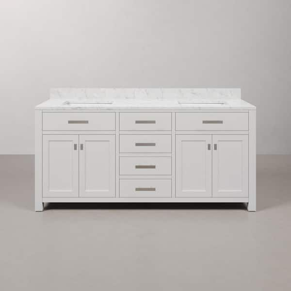 Madison 72 in. W x 21.5 in. D x 34 in. H Double Sink Bath Vanity in Pure White with Carrara White Marble Top