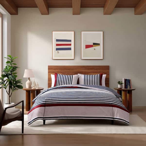 Brooklyn Stripe 2-Piece Beige/Blue/Red Cotton Percale Twin Duvet Cover Set