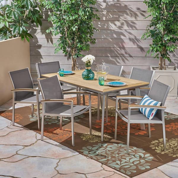 Noble House Waldorf Silver 7-Piece and Grey Aluminum Outdoor Dining Set ...