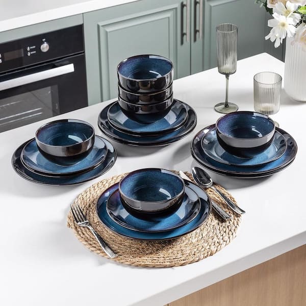 12-Piece Dreamy Moonlight-Blue Ceramic Dinnerware Set (Service for