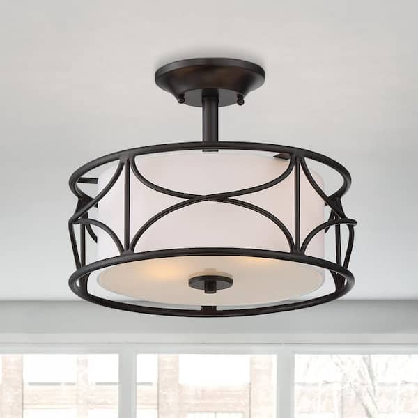 Avara 13 in. 2-Light Oil Rubbed Bronze Traditional Entryway Semi-Flush Mount with White Fabric Shade