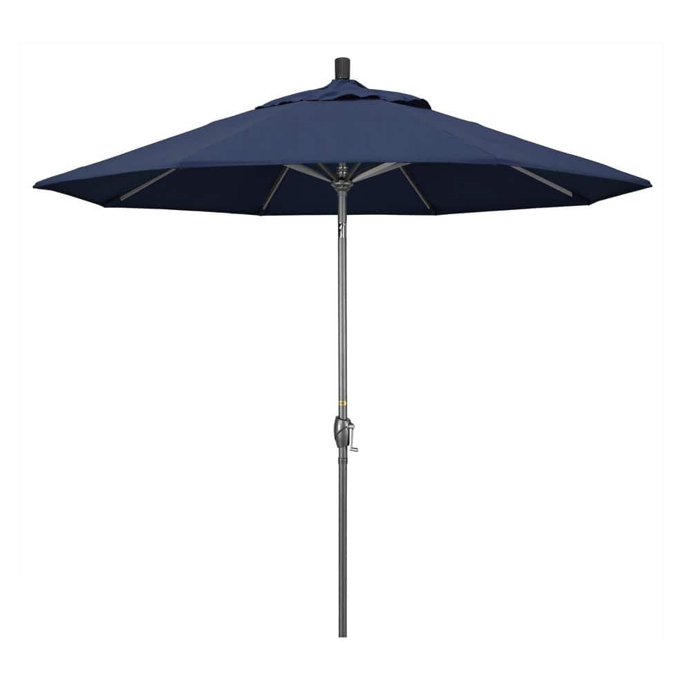 9 ft. Hammertone Grey Aluminum Market Patio Umbrella with Push Button Tilt Crank Lift in Spectrum Indigo Sunbrella price history on PriceWatchPro