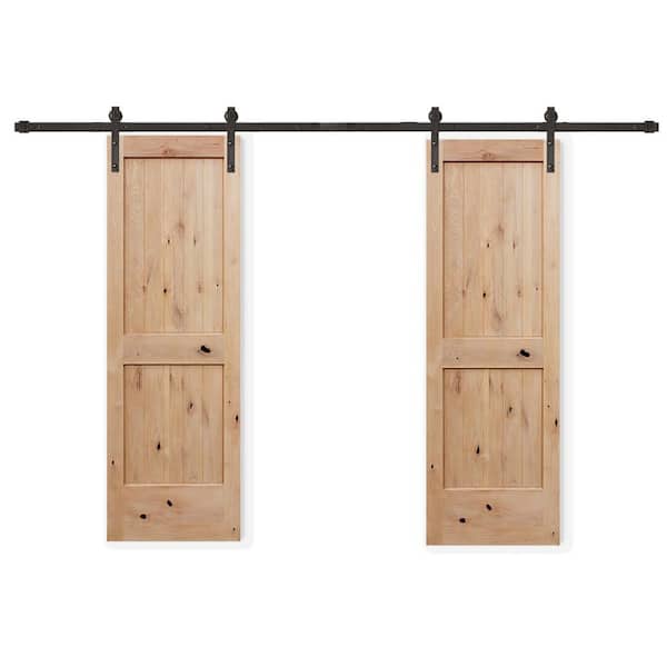 Pacific Entries 48 in. x 80 in. Bi-parting Unf. 2-Panel V-groove Solid Core Knotty Alder Sliding Barn Door W/ Bronze Hardware Kit