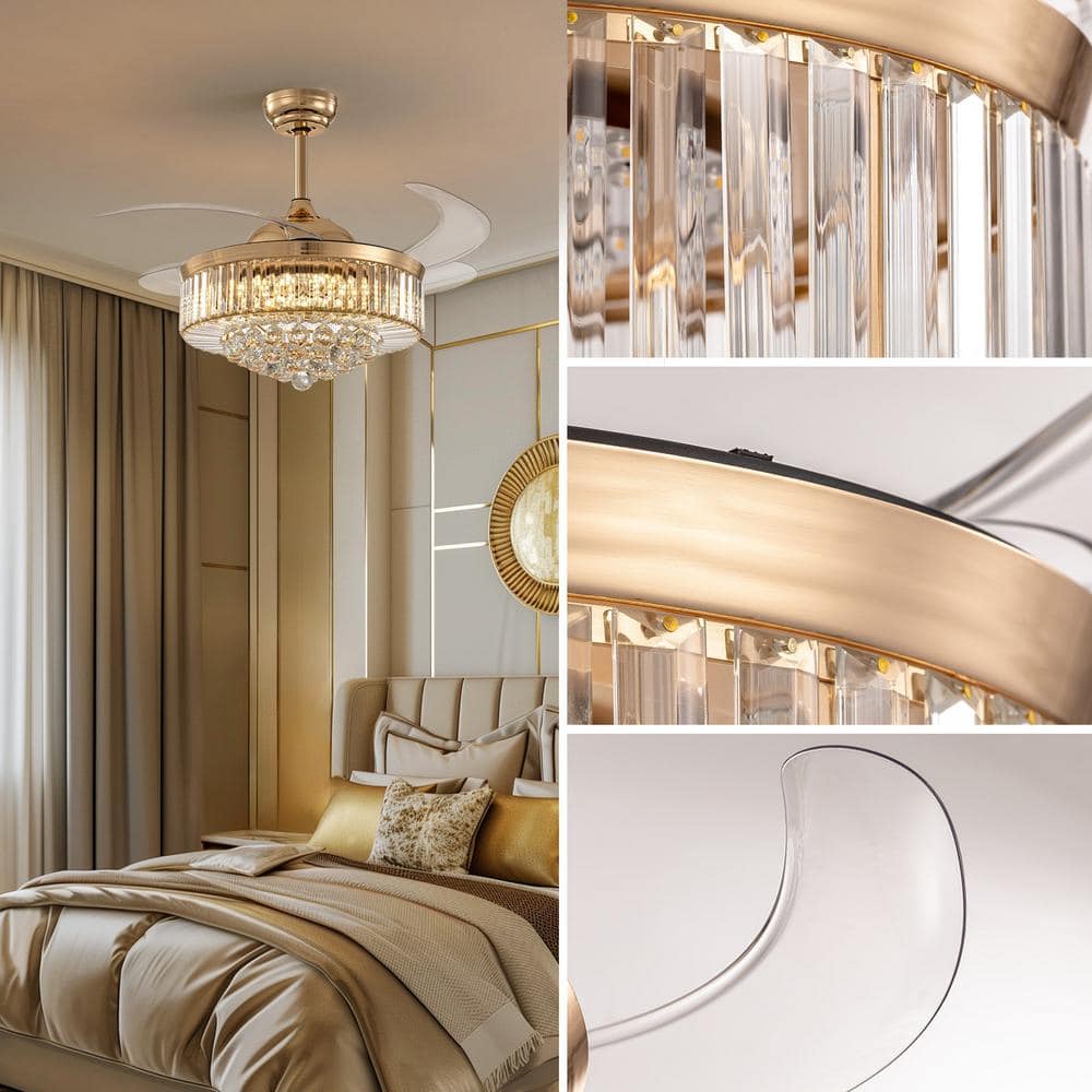 42-Inch Gold Crystal Retractable Ceiling Fan with LED Light and Remote