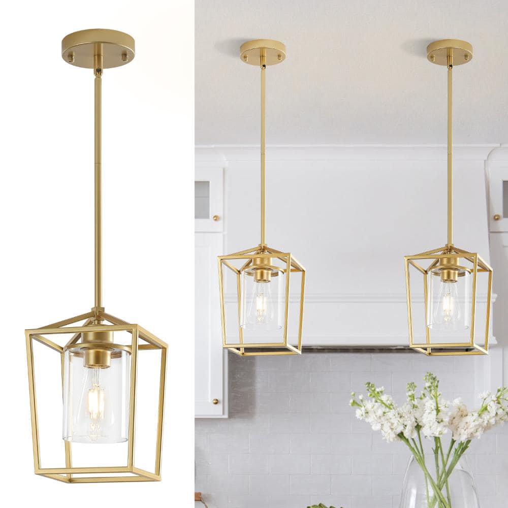 6 in. 1-Light Gold Farmhouse Cage Lantern Pendant with Clear Glass Shade and No Bulbs Included (2-Packs) price history on PriceWatchPro