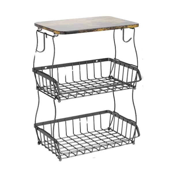 Anqtovp 3-Tier Metal Fruit Basket for Kitchen Counter with Wood Lid and Banana Hanger for Produce Pantry Storage in Black