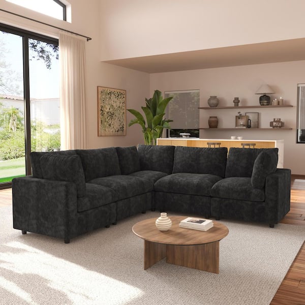 100.5 in. Square Arm Chenille Couch 5-Piece Modular Free Combination Sectional Sofa in. Black