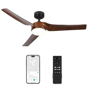 52 in. LED Indoor Walnut Modern Smart Ceiling Fan with Dimmable Light Kit and Remote