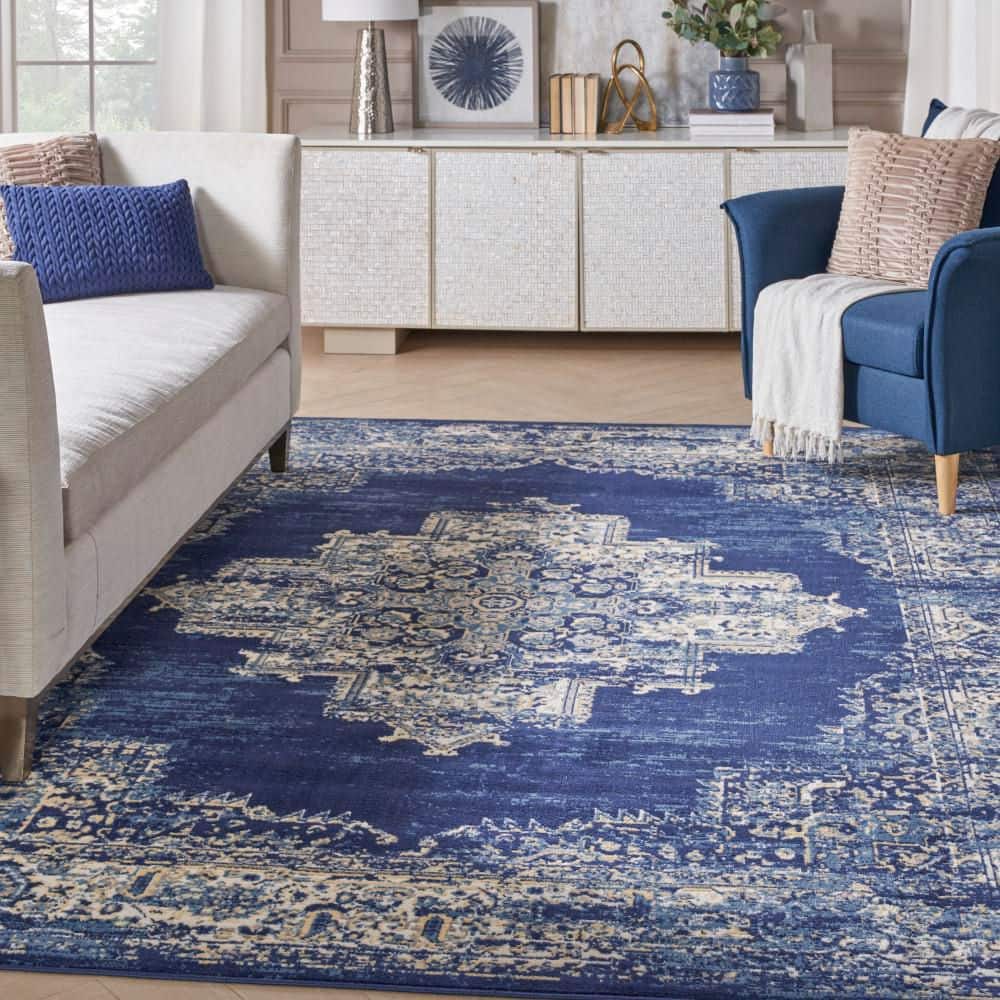 Navy Blue and Beige Medallion Synthetic 7' x 10' Area Rug