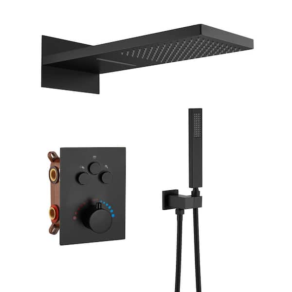 Mondawe 3-Spray Patterns Thermostatic Bathroom Showers 22 in. Wall Mount Rainfall Dual Shower Heads in Matte Black