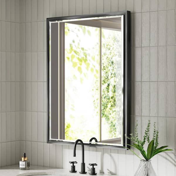 OnaBella 24 in. W x 32 in. H Rectangular Aluminum Thin Framed Wall Mount Beveled Bathroom Vanity Mirror in Black