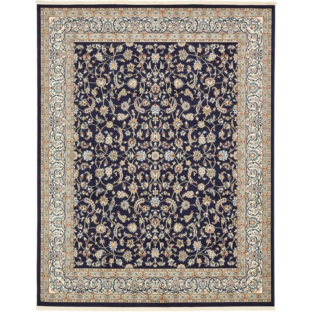 Navy Blue and Beige Floral Synthetic 8x10 Area Rug
