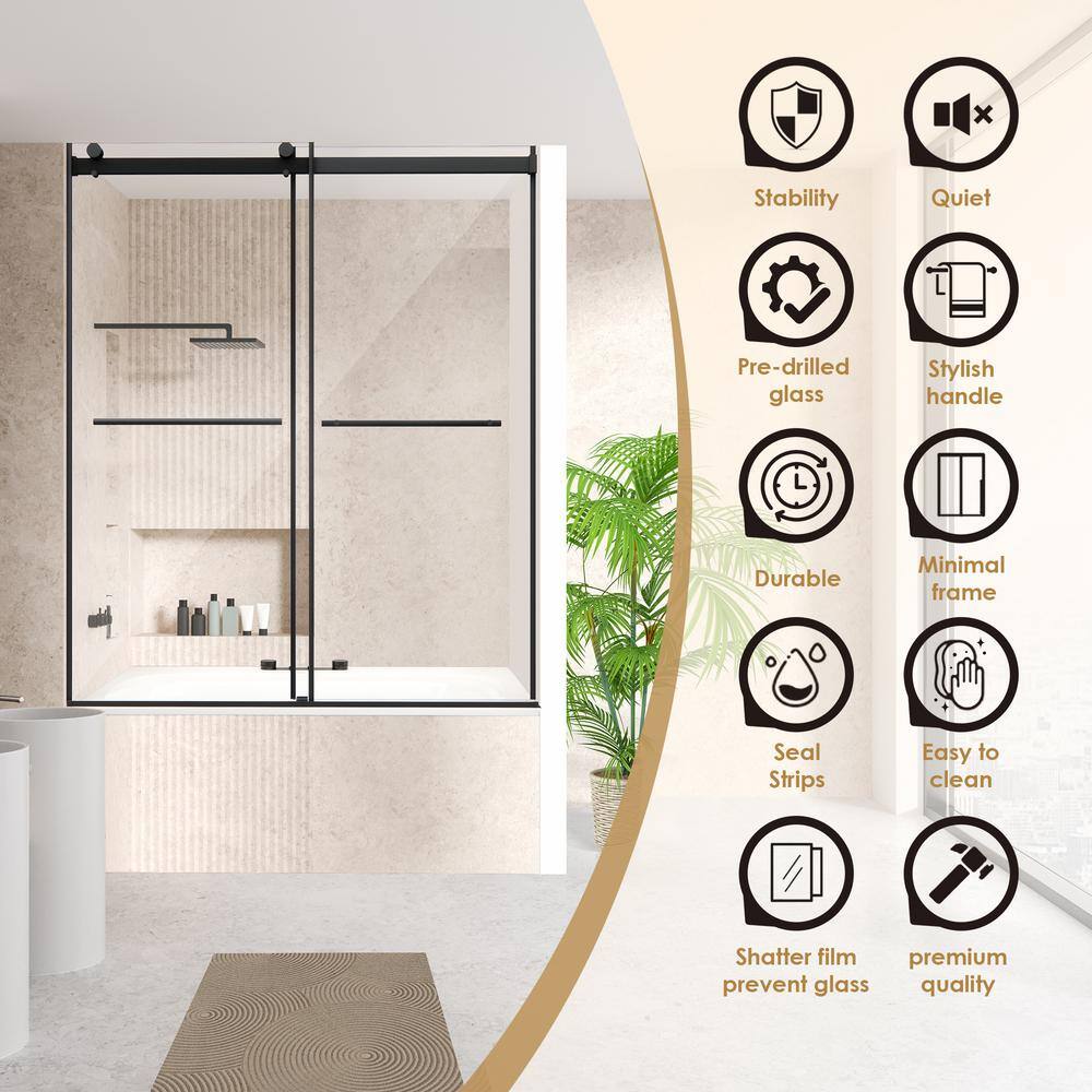 Belizzi 60" Matte Black Frameless Tub Door with Clear Glass