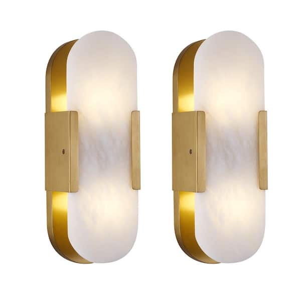 PUYRNF 4.6 in. 2-Light Brass Dimmable Alabaster Wall Sconces, Natural Marble Wall Sconces Wall Lighting for bedrooms (2PCS)