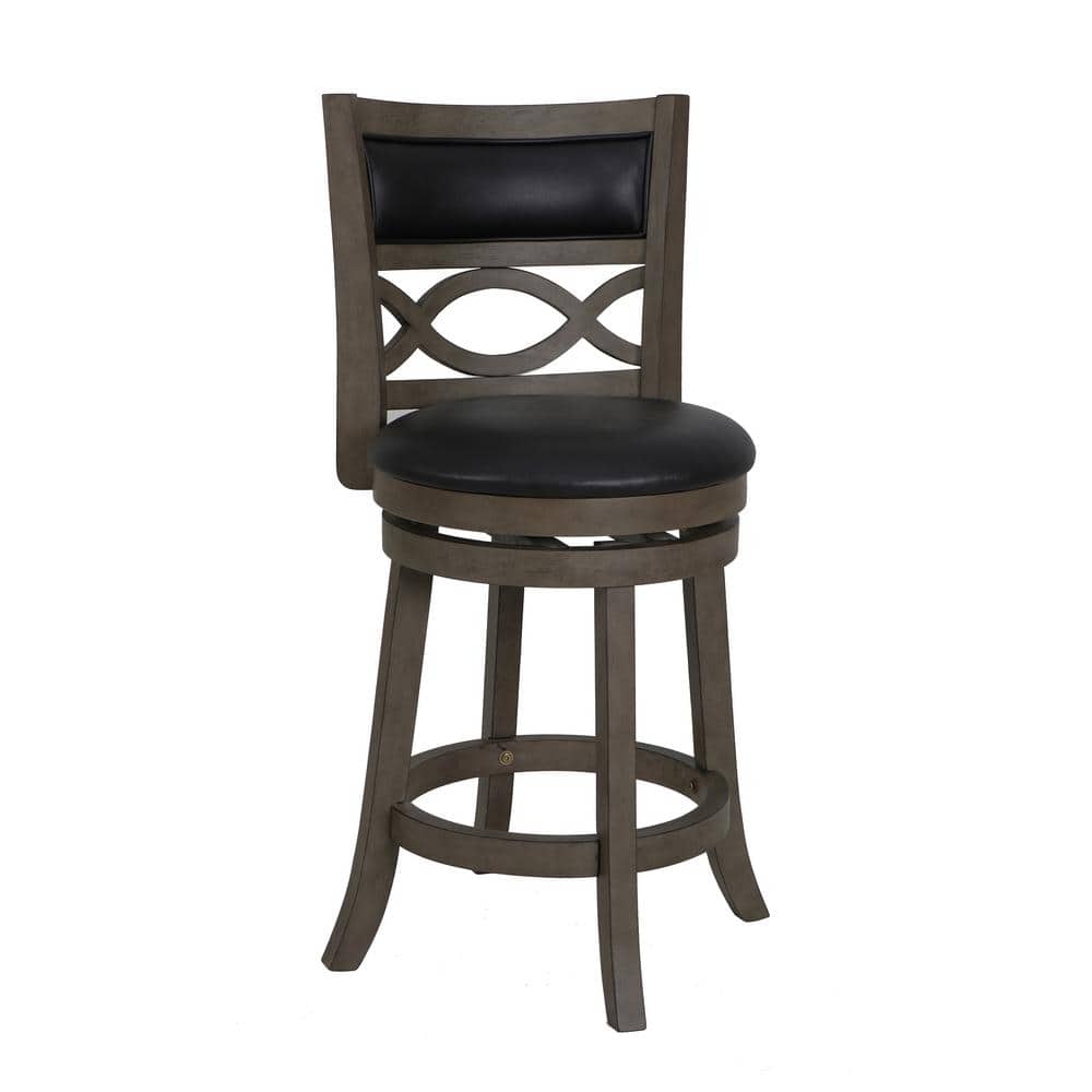 Antique Grey and Black Wood Swivel Counter Stool with Faux Leather Seat