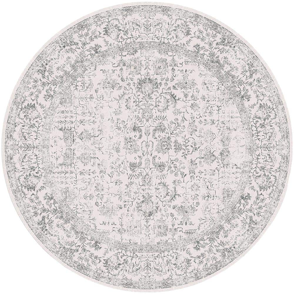 Hay Like Round Rug HaiiMeid Entomology Circle Grey 4 ft. Vintage Floral Round Area Rug ...