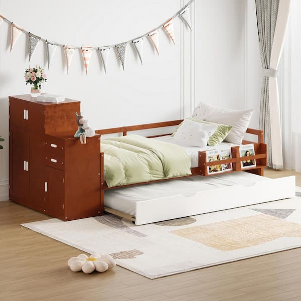Harper & Bright Designs Walnut Twin Size Wood Multifunctional Platform Bed with Trundle Bed, Wardrobe, Drawers, Cabinet