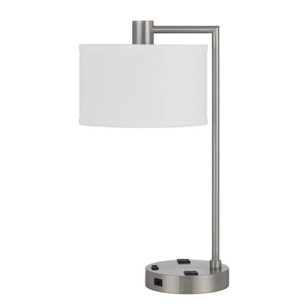 HomeRoots 22 in. Nickel Metal Desk Usb Table Lamp with White Drum Shade