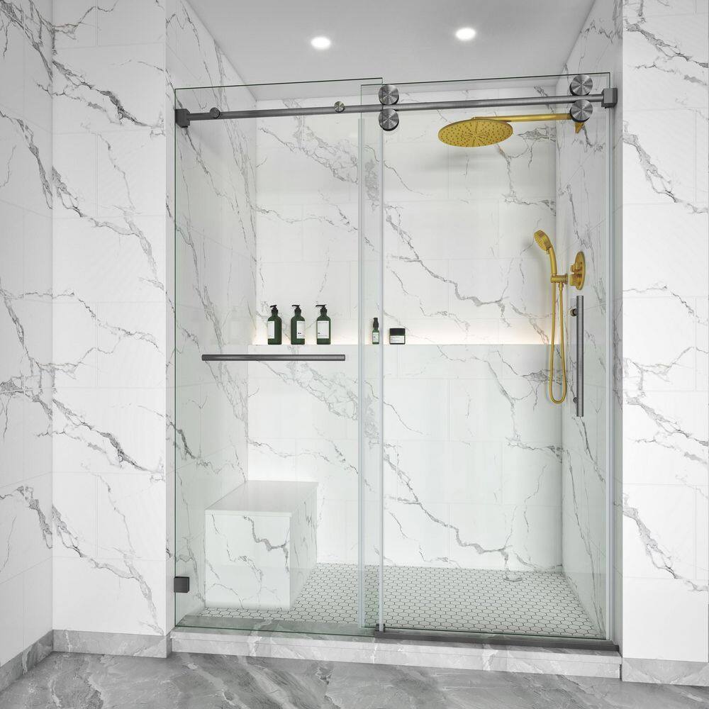 56-60 in. W x 79 in. H Single Sliding Frameless Shower Door Gungray 3/8 in. Clear SGCC Glass with 1-Towel Bar price history on PriceWatchPro