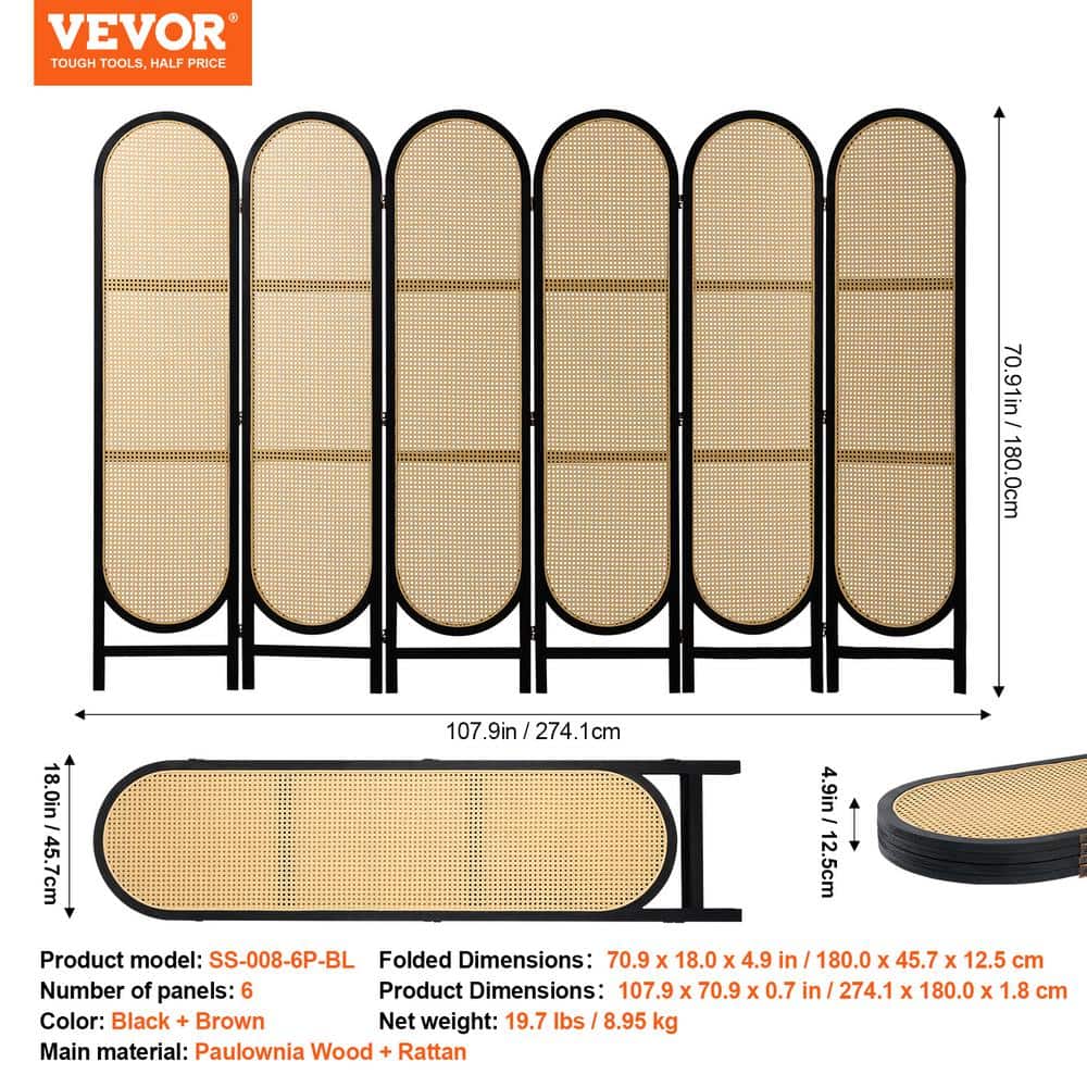 6-Panel Black and Natural Rattan Folding Room Divider