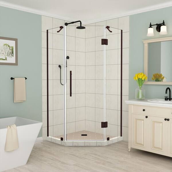 Aston Merrick 34 in. - 34.25 in. x 72 in. Frameless Neo-Angle Hinged Shower Enclosure in Bronze