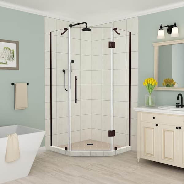 Aston Merrick 42 in. to 42.5 in. x 72 in. Frameless Neo-Angle Hinged Shower Enclosure in Bronze