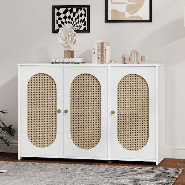 Harper & Bright Designs White Wood 48.8 in. Sideboard with 3 Rattan Doors and Metal Handles