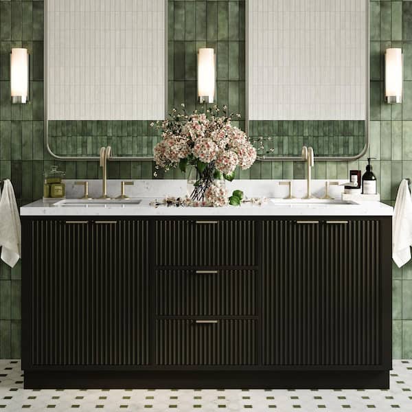 Milan 72 in. W x 21.5 in. D x 36 in. H Double Sink Freestanding Bathroom Vanity in Black with Carrara White Quartz Top